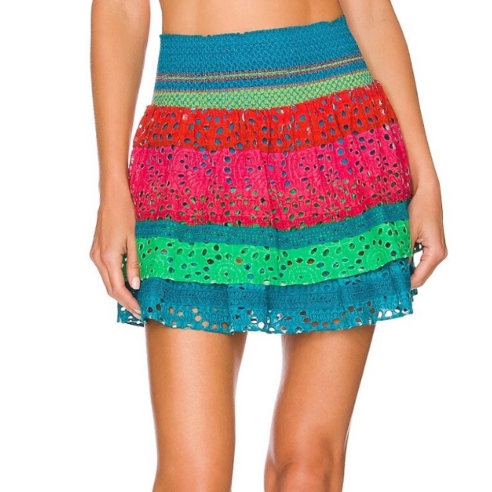 Alice + Olivia Bethie Smocked Ruffle Skirt in Cabo Stripe Size 14 boho summer